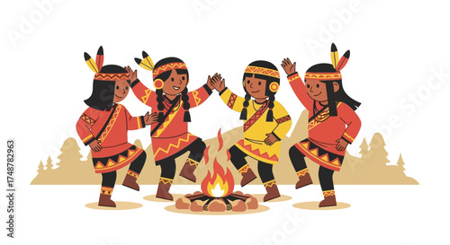 Four children in traditional indigenous attire dancing around a campfire, celebrating a cultural event.
