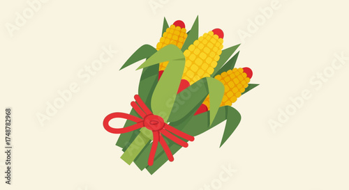 A stylized bouquet of three fresh corn cobs with green husks, tied together with a festive red ribbon.