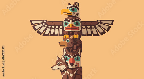 Stylized totem pole featuring an eagle, bear, and wolf against a tan background.