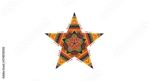 A five-pointed star decorated with intricate, colorful geometric and tribal patterns, isolated on a white background.