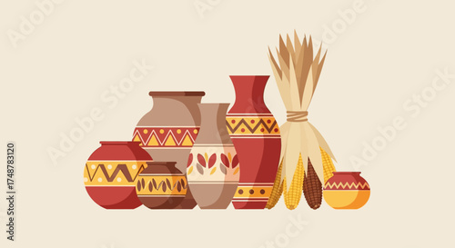 A collection of traditional handmade pottery vases and jars with ethnic patterns alongside a bundle of dried corn.