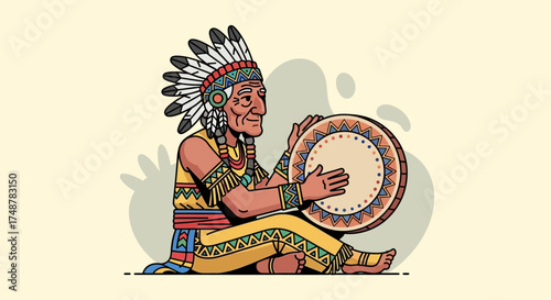 An illustration of an elderly Native American man wearing a headdress and traditional clothing, playing a drum.