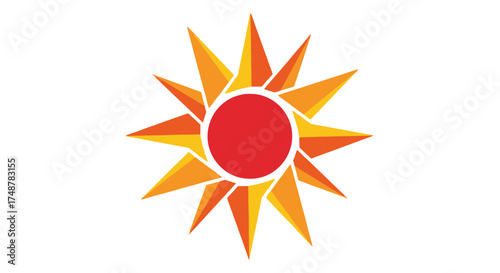 Stylized sun with red center and orange rays on white background.