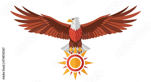 Stylized bald eagle with outstretched wings soaring above a vibrant sun emblem, isolated on white.