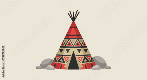 Illustration of a colorful teepee with geometric patterns and rocks around it.