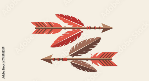 Two decorative tribal arrows with red and brown feathers pointing in opposite directions on a light background.