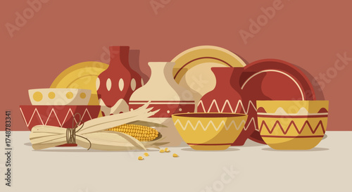 Stylized illustration of earthenware pottery with geometric patterns and bundled corn, depicting a harvest or cultural display.