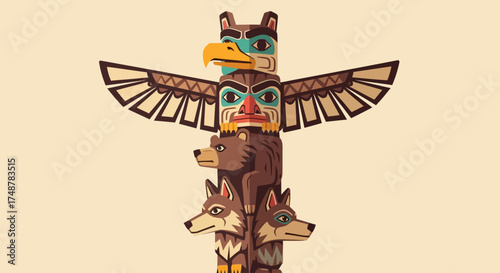 Illustration of a colorful totem pole with various animal figures carved into it.