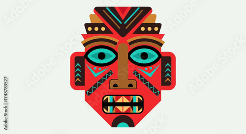 A vibrant, stylized tribal mask featuring intricate geometric patterns and bold colors.
