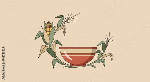 A decorative illustration featuring a rustic bowl surrounded by corn stalks and leaves on a beige background.