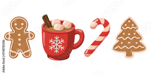 Set of Christmas sweets and cocoa with candy cane, mug and cookies. Hand drawn cartoon vector illustration on white background