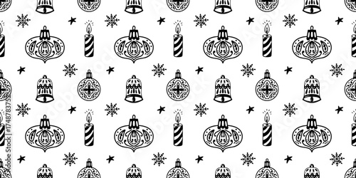 Seamless pattern with Christmas baubles and candles. Hand drawn doodle line art vector background. 