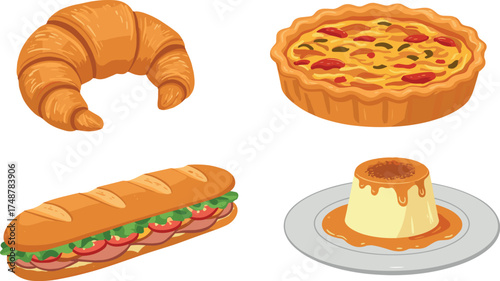 Croissant, quiche, sandwich, and flan illustration on transparent background