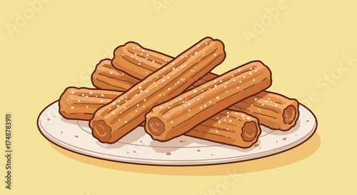Pile of churros on a plate on transparent background