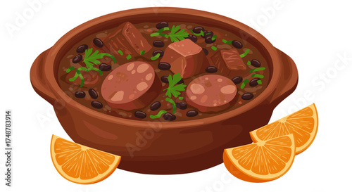 Illustration of feijoada in a clay pot with orange slices on transparent background