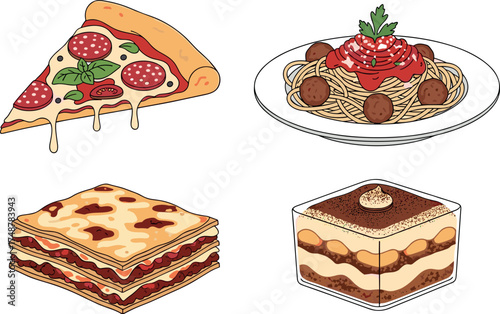 Cartoon illustration of pizza, spaghetti with meatballs, lasagna, and tiramisu on transparent background