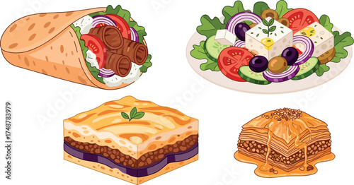 Cartoon illustration of greek food: gyro wrap, greek salad, moussaka, and baklava on transparent background