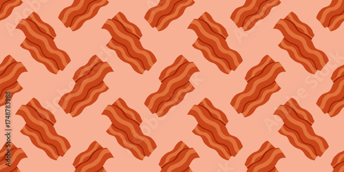 Seamless pattern with bacon slices on pink background. Flat vector food print. 