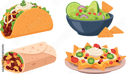 Cartoon illustration of mexican food: taco, burrito, guacamole, and nachos on transparent background