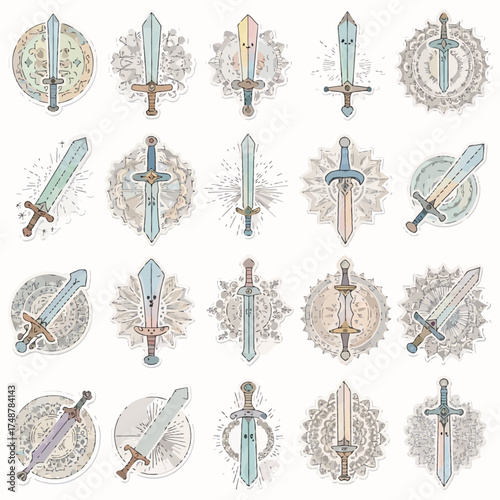 Fantasy Swords Collection Vector Illustration Set with Ornate Mandala Backgrounds Mythical Blade Designs for Gaming and Medieval Themes