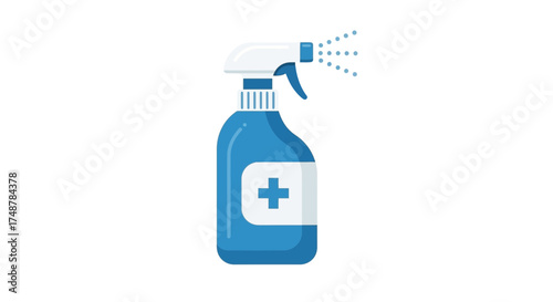 Conceptual blue disinfectant spray bottle with cross symbol icon design