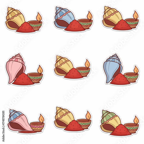 Hindu Religious Pooja Elements Vector Set Colorful Conch Shells Lit Diyas and Kumkum Powder for Indian Festivals Ceremonies
