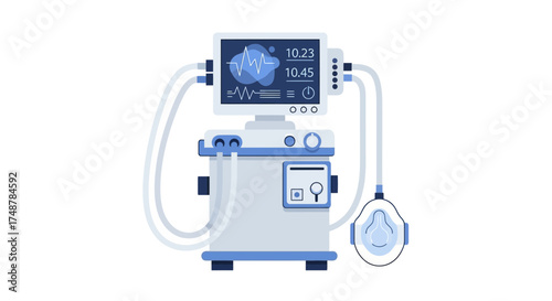 Illustration of a Medical Ventilator Machine with Monitor and Mask