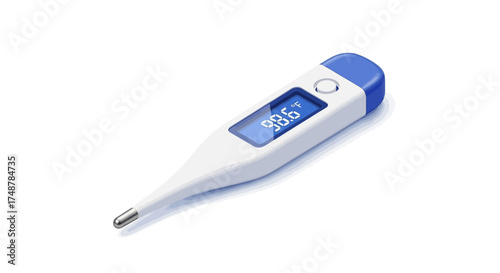 Isometric digital thermometer displaying a normal body temperature reading