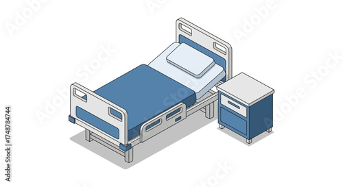 Isometric Hospital Bed and Nightstand Illustration on White Background