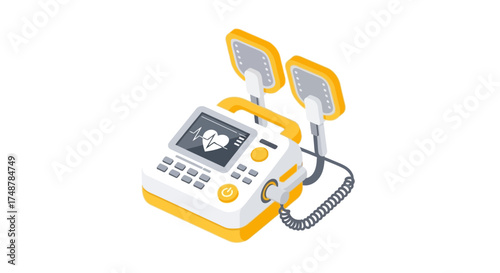 Isometric illustration depicts defibrillator for emergency cardiac events
