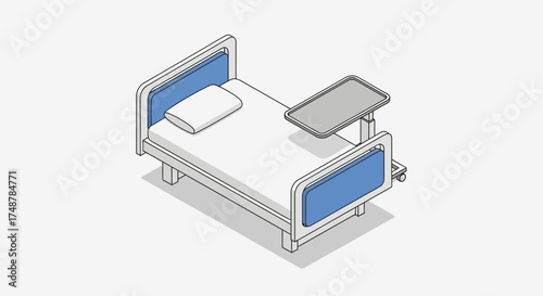 Isometric Illustration of a Hospital Bed with Adjustable Table and Pillow