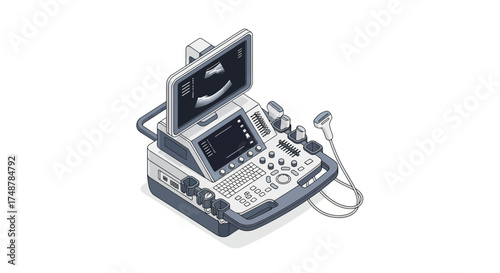 Isometric illustration of an ultrasound machine used in medical diagnostics
