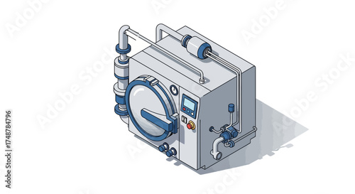 Isometric illustration of industrial autoclave for sterilization process