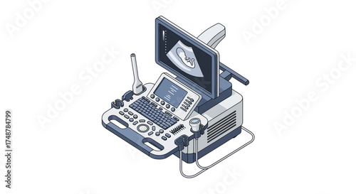 Isometric illustration of an ultrasound machine with fetus on the screen