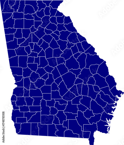 Blue silhouette vector of Georgia state with all internal county borders clearly defined, providing a clean and minimalist political map of the Southeastern U.S. territory.

