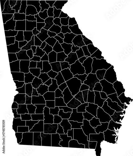 Black silhouette vector of Georgia state with all internal county borders clearly defined, providing a clean and minimalist political map of the Southeastern U.S. territory.

