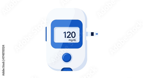 Portable blood glucose meter displaying reading 120 mg/dL on screen