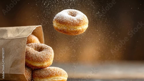 Freshly baked donuts tossed in sugar: a delightful fall to perfection in slow motion