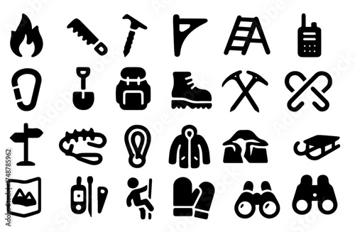 Camping and outdoor adventure icons featuring tools, gear, and activities for safe exploration in nature