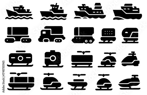 Various transportation icons depicting boats, trucks, and helicopters in a simple design
