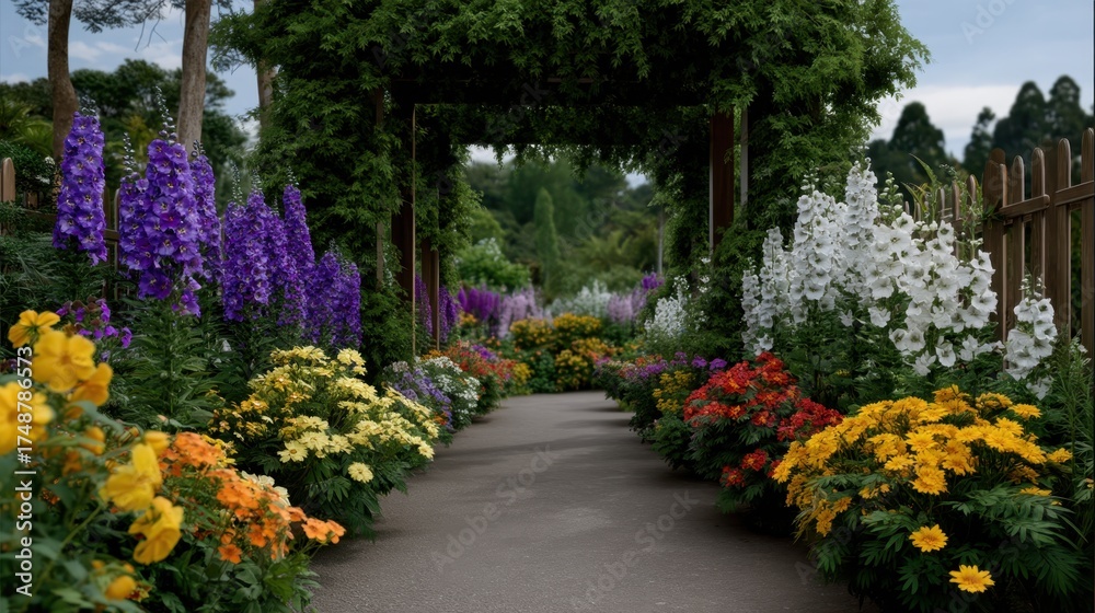 Obraz premium Vibrant Floral Archway Framing Entrance with Colorful Flowers in Blooming Garden Pathway