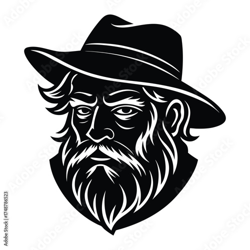 Woodcut style illustration of a bearded man wearing a cowboy hat
