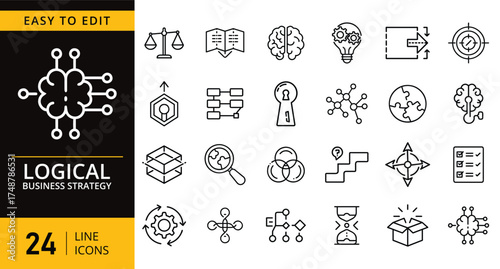 vector set of hand drawn icons. Logical Business Strategy Line Icons Set Digital Brain Planning Problem Solving Outline