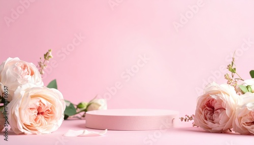 Soft Pink Roses And Display Pedestal Against Pink Background With Floral Elements