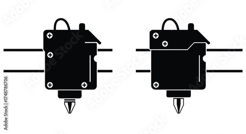 Two identical black and white illustrations of robotic 3d printer heads
