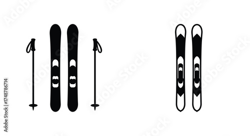 Simple black and white illustration of skis and ski poles set upright