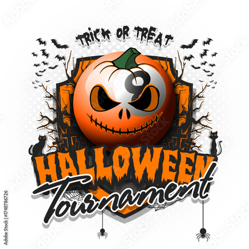 Happy Halloween. Billiard ball in the form of a pumpkin. Cats, bats, spiders, trees, crosses. Design template for banner, poster, greeting card, flyer, party invitation. Vector illustration