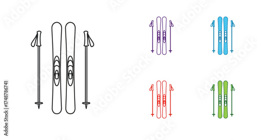 Illustrative depiction of various ski and pole arrangements in different colors