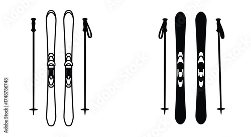Black and white illustration of skis and poles in a simple style