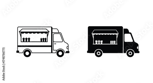 Simple black and white illustrations of food trucks in side view